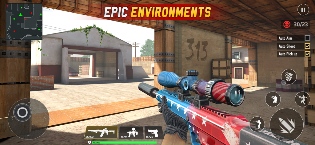 First person perspective of a sniper rifle with a patriotic skin in a desert combat environment
