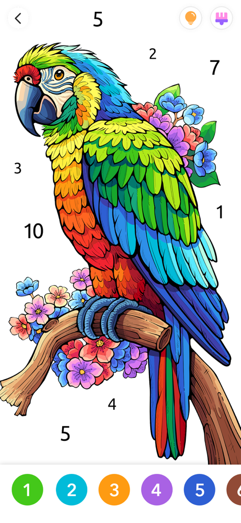 A vibrant macaw parrot digital coloring page in the Paintly app interface