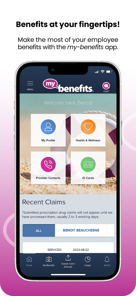 my-benefits - L'écran d'accueil de l'application my-benefits sur un smartphone présentant des sections pour le profil, la santé, le bien-être, les contacts des prestataires et les réclamations récentes