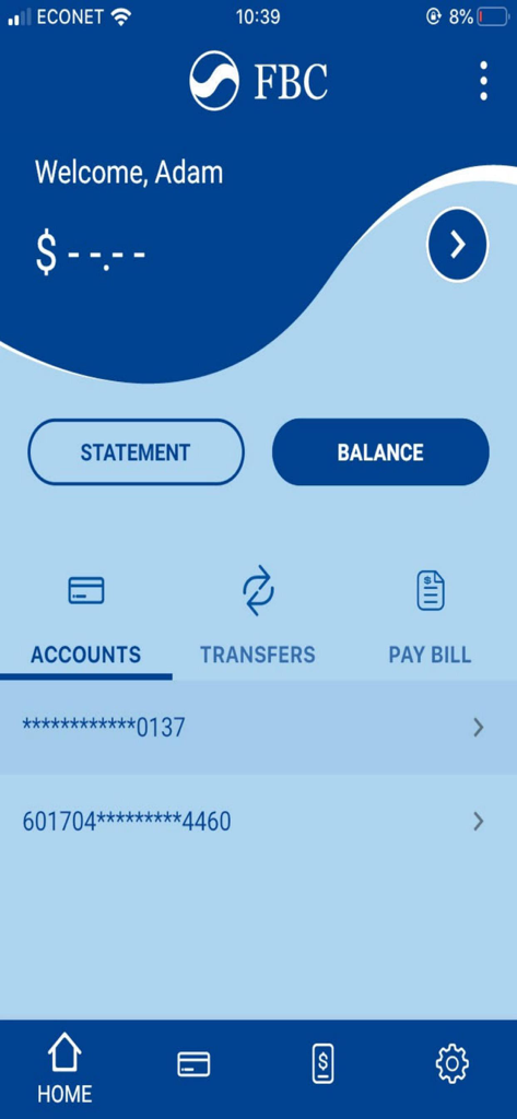 FBC Mobile - Dashboard of the FBC Mobile banking app showing account overview and transaction tabs