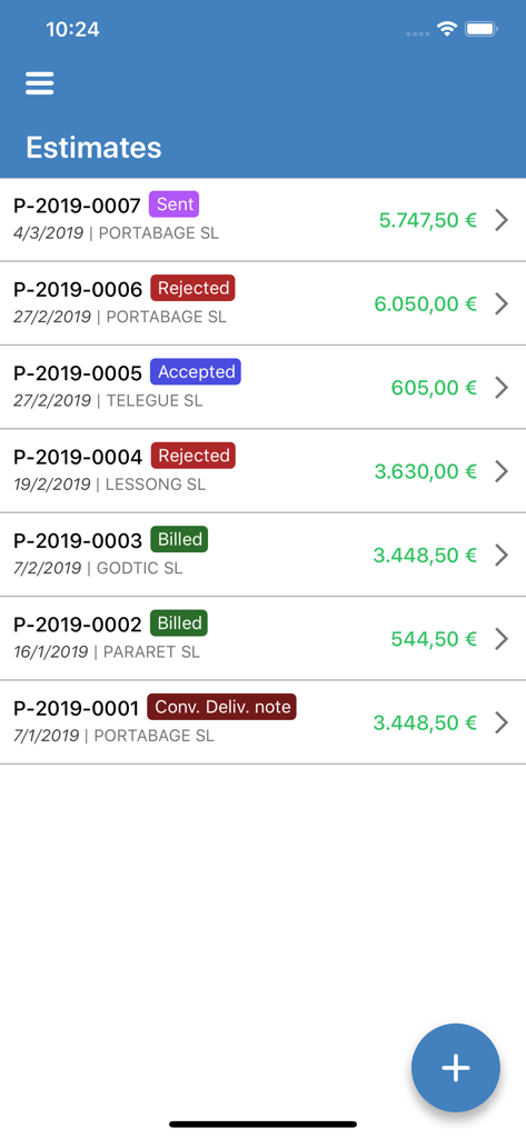 Contasimple – Invoices - Painel móvel mostrando uma lista de orçamentos comerciais com vários rótulos de status