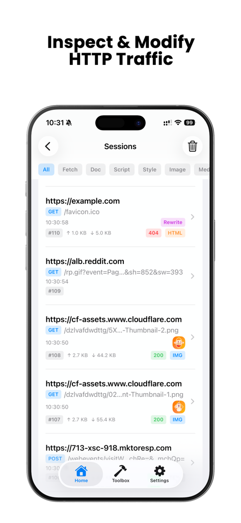 PacketPro - PacketPro mobile app interface showing a list of captured network requests and HTTP traffic sessions