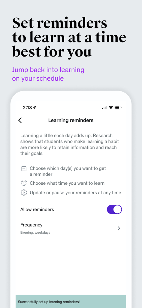 Udemy Government app interface for setting personalized learning reminders and study schedules