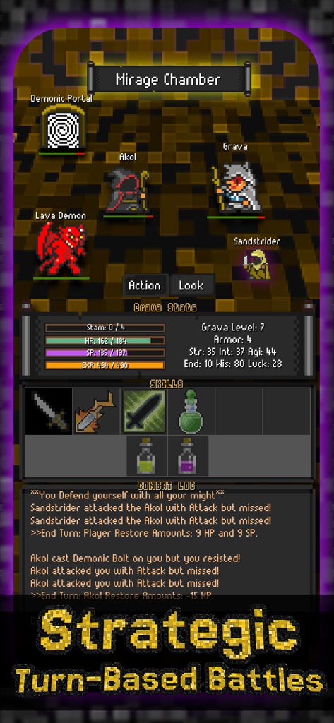 Adventure To Fate: Dungeons - Retro pixel art turn-based battle screen with character stats and combat log.