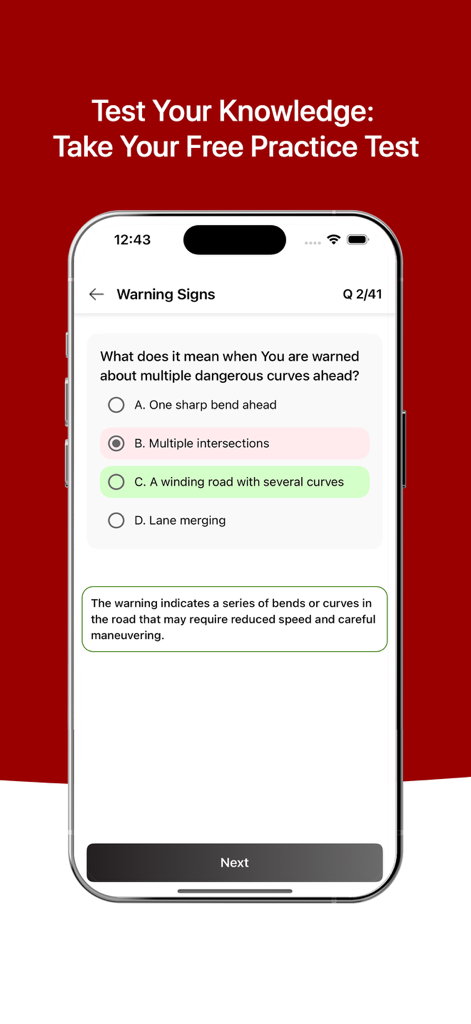 A smartphone displaying a practice question from the Spanish Driving Licence Test app about road warning signs and curves.
