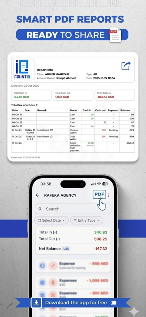 CountiQ Finance - Rapports financiers PDF intelligents et interface mobile pour le suivi des dépenses multidevises dans l'application CountiQ Finance.