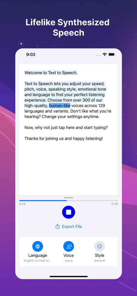Text to Speech: Voice Reader - Interfaz de la aplicación Texto a Voz Lector de Voz que muestra la generación de voz realista y las opciones de exportación