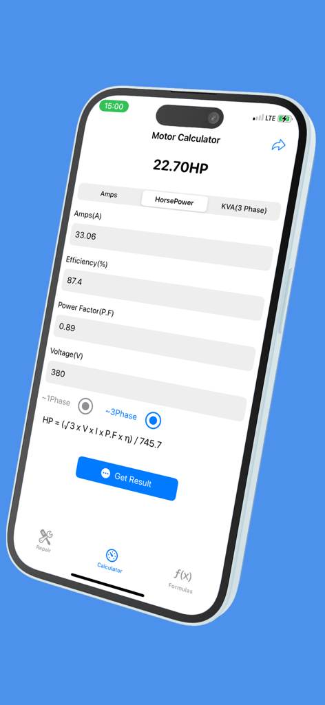 Motor Repair - Interface da calculadora do aplicativo Reparo de Motores para calcular a potência de motores elétricos.