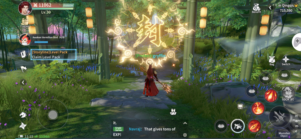 Character standing before a glowing magical seal in a bamboo forest in Eternal Sword Pact.