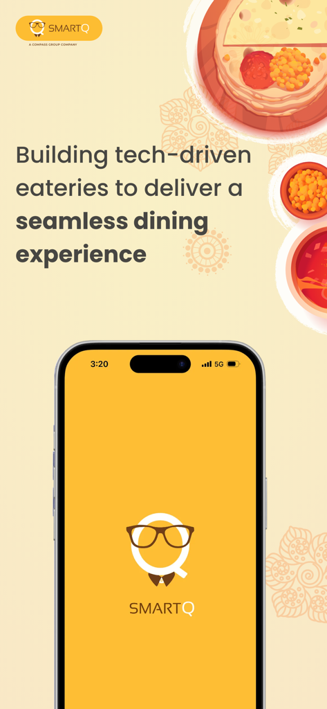 SmartQ - Food Ordering App - SmartQ app splash screen showing a tech-driven dining experience message on a smartphone