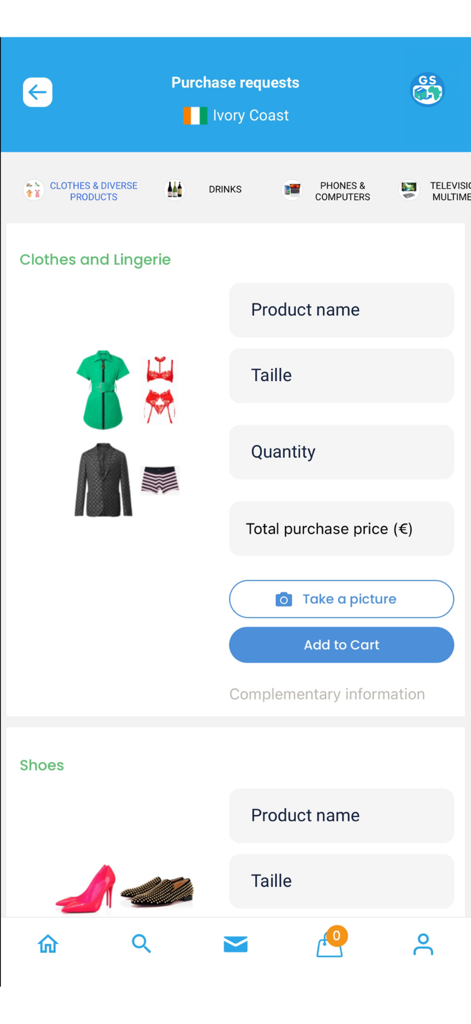 GS colis - GS colis app purchase request screen for clothes and shoes to Ivory Coast