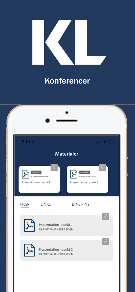 KL konferencer - The KL Konferencer app interface showing the materials section with presentation files and document links
