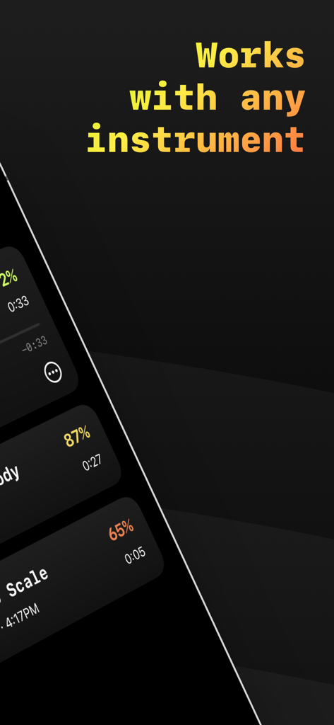 L'application Pitch Pro Tuner montrant la compatibilité des instruments et les pourcentages de précision des sessions de pratique