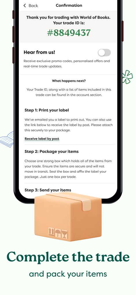 App screen showing a successful trade confirmation with instructions to print a label and package items.