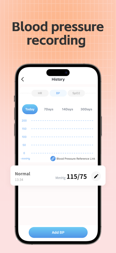 Heart Rate Monitor-Tracker - Una pantalla de aplicación móvil que muestra un historial de lecturas de presión arterial con una entrada normal de 115 sobre 75 mmHg