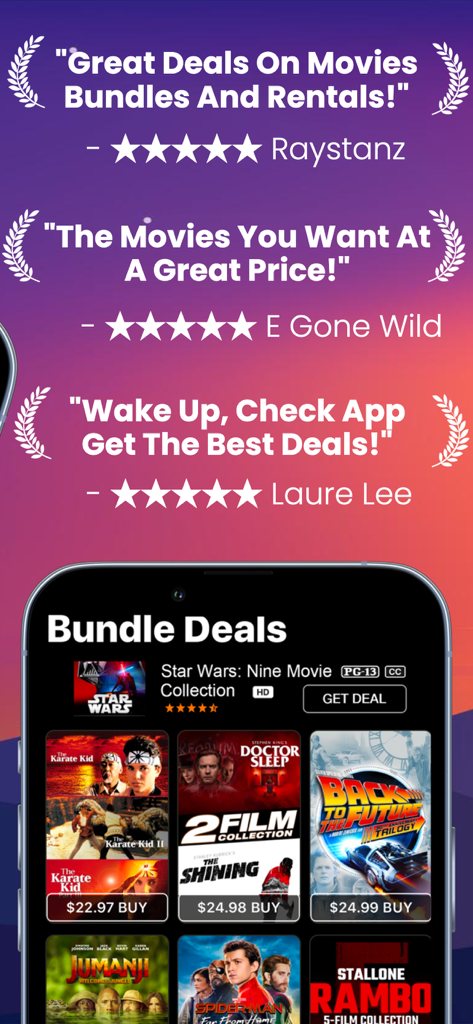 Movie Deals+ Discount App - Interface do aplicativo Movie Deals+ mostrando descontos em pacotes de filmes de sucesso e avaliações positivas de usuários