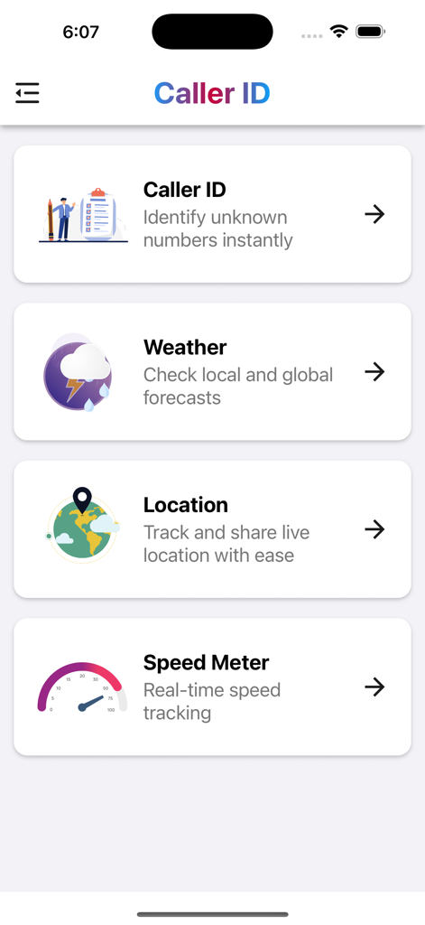 True Caller - Number Tracker - Main dashboard of the True Caller Number Tracker app showing its core features including Caller ID, Weather, Location, and Speed Meter.