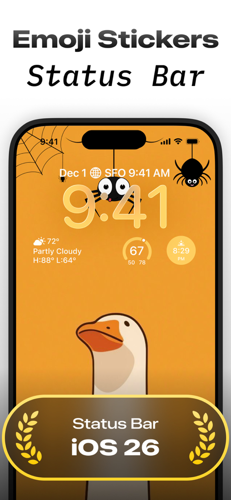Emoji Battery Widget - Aesthetic iPhone lock screen with spider stickers and a cute goose wallpaper