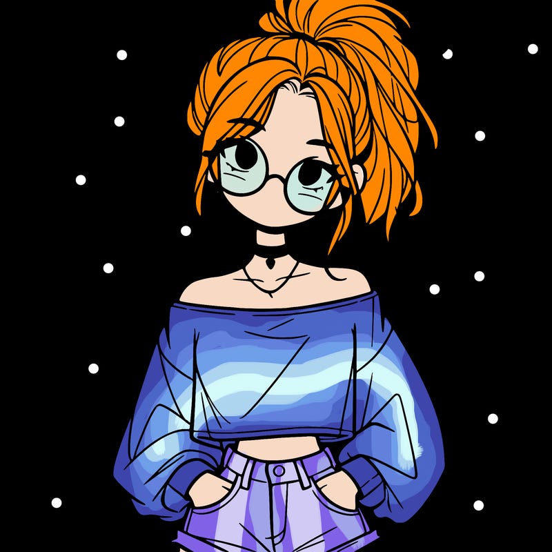 girl with a messy ponytail glasses a baggy crop top and jean shorts