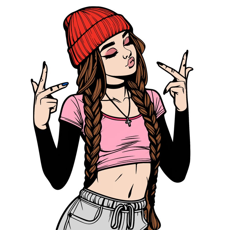 realistic teenage girl with braids and a beanie and crop top doing 🫶🏼