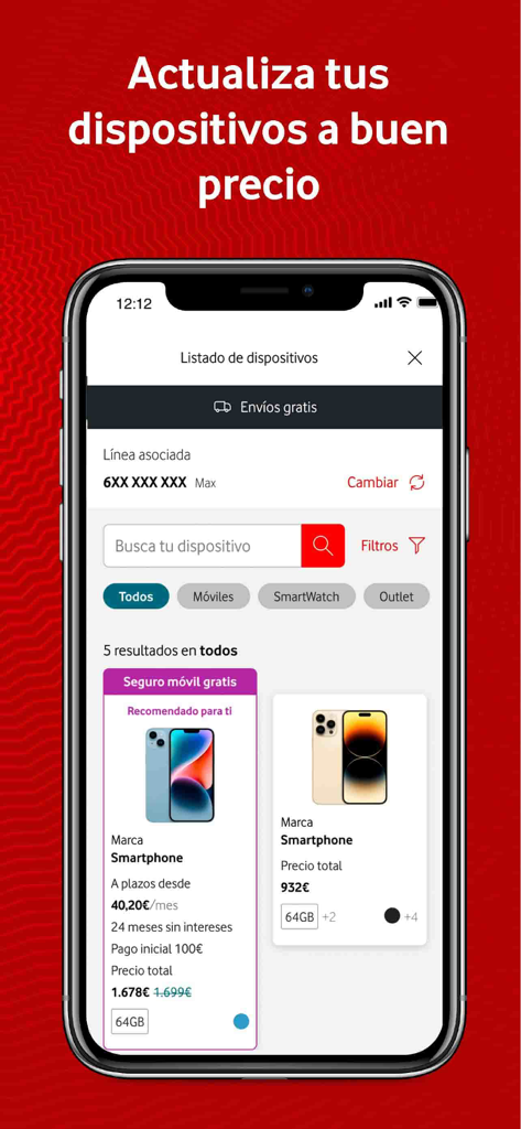 Pantalla de la app Mi Vodafone mostrando ofertas de smartphones y opciones de mejora de dispositivos en español