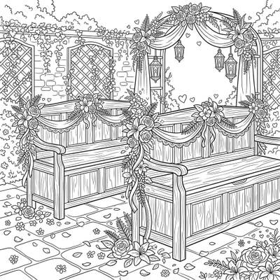 Immerse yourself in the romance of a wedding day with this beautiful coloring page featuring two elegantly decorated storage benches. Adorned with delicate flowers and ribbons, these benches create a charming scene in a lush garden setting, inviting creative expression.
