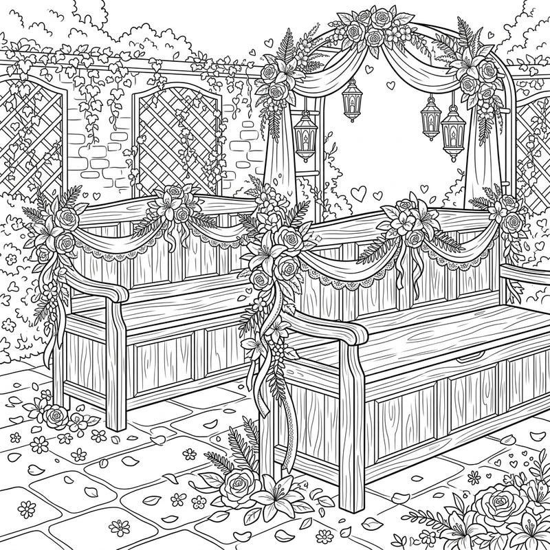 Immerse yourself in the romance of a wedding day with this beautiful coloring page featuring two elegantly decorated storage benches. Adorned with delicate flowers and ribbons, these benches create a charming scene in a lush garden setting, inviting creative expression.
