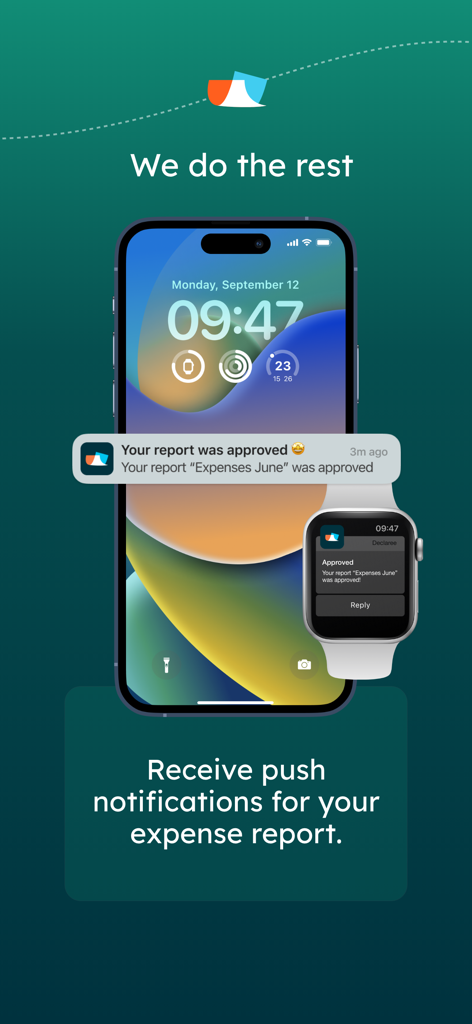 iPhone und Apple Watch zeigen eine Push-Benachrichtigung für eine genehmigte Spesenabrechnung in der Declaree-App