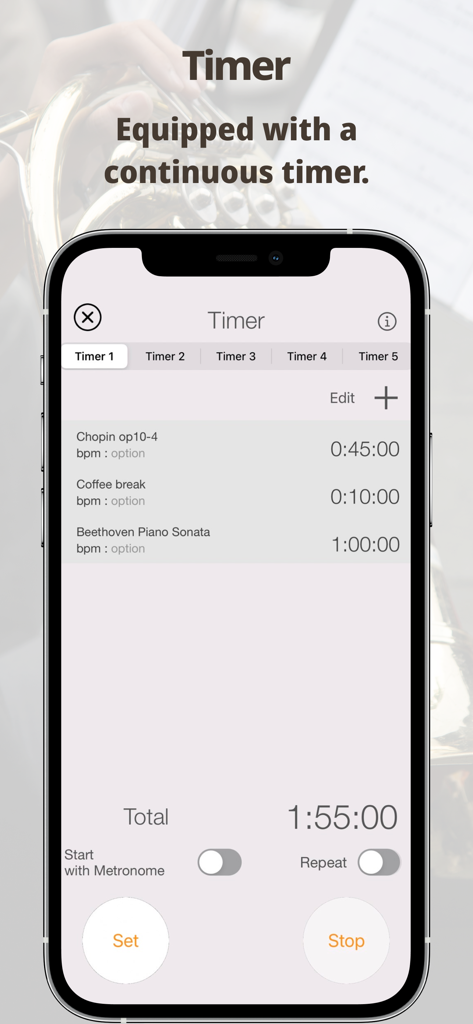 A continuous practice timer interface in the Smart Metronome app showing scheduled practice sessions and breaks