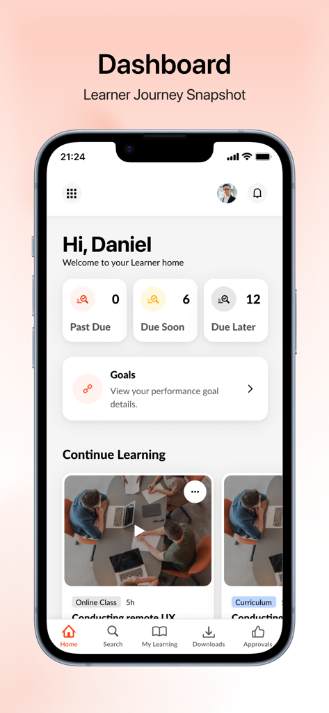 Cornerstone Galaxy - Dashboard of the Cornerstone Galaxy mobile app showing learner progress and upcoming course deadlines