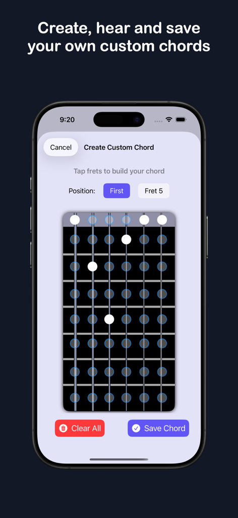 qords for guitarists - Interfaz de la aplicación qords mostrando cómo crear y guardar acordes de guitarra personalizados en un diapasón digital.
