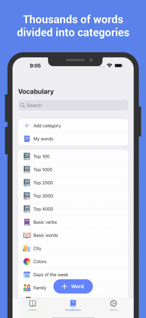 Learn German with Flash cards - Screenshot of the Learn German app showing vocabulary categories such as Top 100 words basic verbs and thematic lists like city and colors