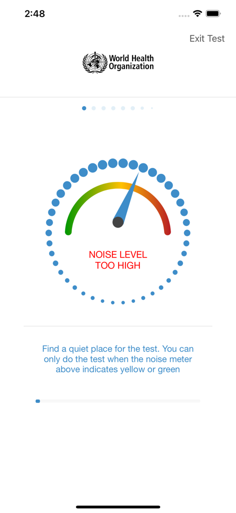hearWHO - Check your hearing! - hearWHO app noise level meter showing a warning that the ambient noise is too high for a hearing test