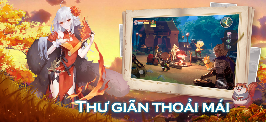 Vân Thành: Utopia - ヴァン・タン・ユートピアのゲームプレイシーン。アニメの女の子が、ヴァン・タン・ユートピアの焚き火の周りでリラックスしているキャラクターを示している。