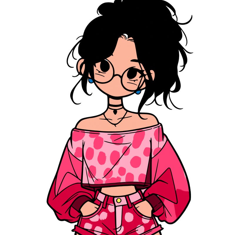 girl with a messy ponytail glasses a baggy crop top and jean shorts