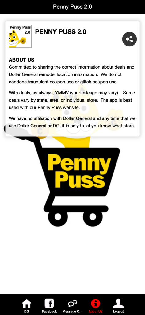 About us screen of the Penny Puss 2.0 app showing deal information and a logo of a cat in a shopping cart