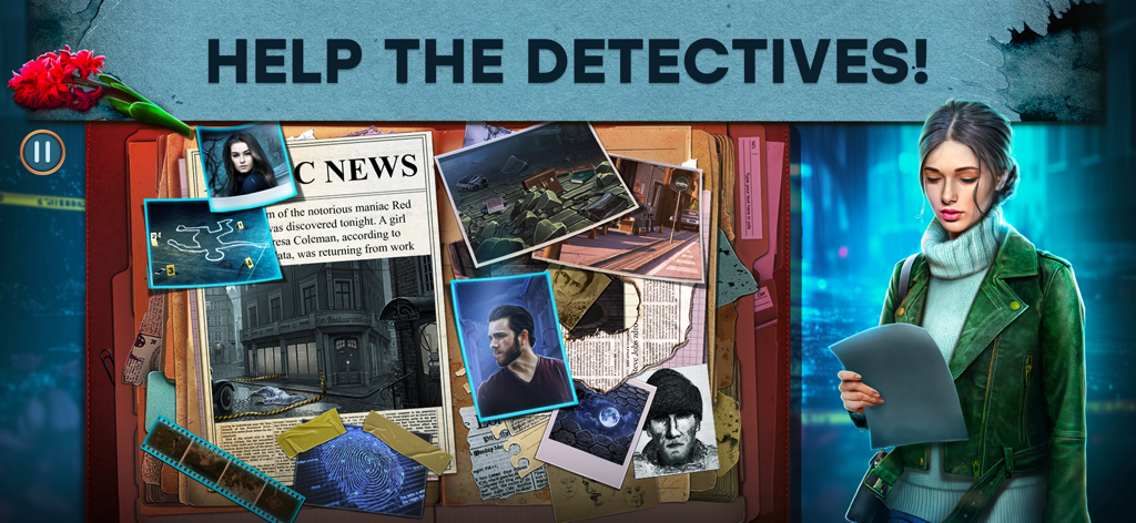 Unsolved Case: Hyacinth F2P - Detective mirando una carpeta de caso con fotos de sospechosos y evidencia del crimen