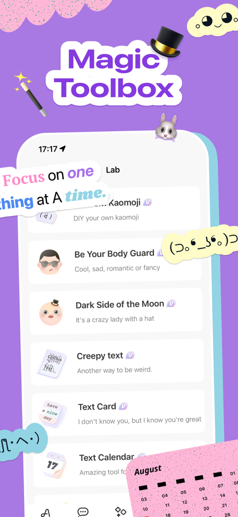 Beauty Fonts - Font Keyboard - Magic Toolbox interface in Beauty Fonts app showing various creative text and kaomoji tools
