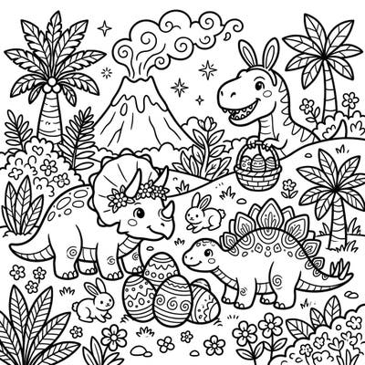 Dive into a prehistoric Easter celebration with this adorable Kawaii dinosaur coloring page. Featuring friendly triceratops, stegosaurus, and long-necked dinos alongside decorated Easter eggs and cute bunnies, it's perfect for a creative holiday activity.
