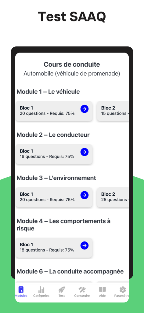 Test SAAQ - Pantalla de la aplicación móvil que muestra los módulos del curso de conducción para el examen teórico SAAQ en francés