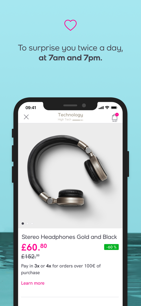 Un teléfono móvil mostrando un sesenta por ciento de descuento en auriculares estéreo en la app de compras Veepee