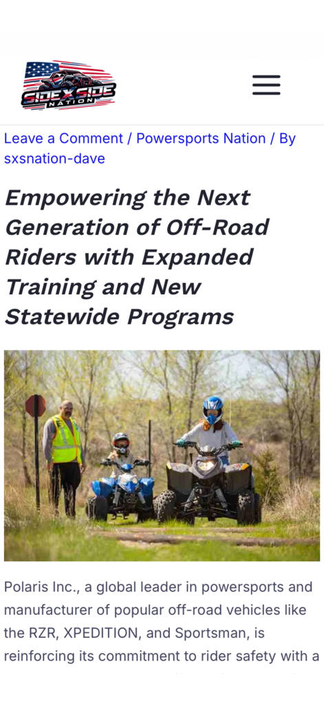 SXS Nation - Two young riders on ATVs participating in an off-road safety training program with an instructor.