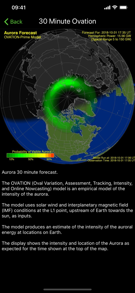 L'application AuroraWatch UK affiche une carte prévisionnelle des aurores boréales sur 30 minutes avec les niveaux de probabilité de visibilité.