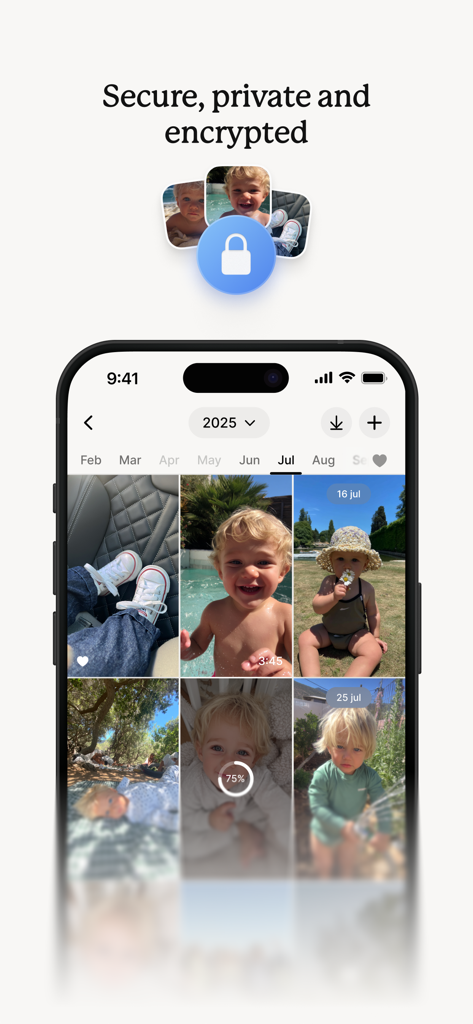 Dots app interface with secure private and encrypted photo storage for family memories