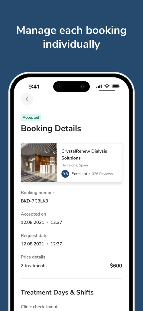 bookdialysis - travel app - iPhone screenshot of the bookdialysis app showing confirmed booking details for a dialysis clinic in Barcelona