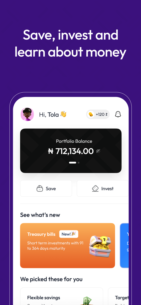 Zedcrest Wealth - Dashboard of Zedcrest Wealth app showing portfolio balance in Naira and various investment options