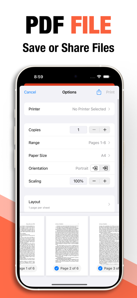 Image to PDF Converter img2pdf - A mobile app interface displaying PDF sharing and print options with page previews for converted documents.