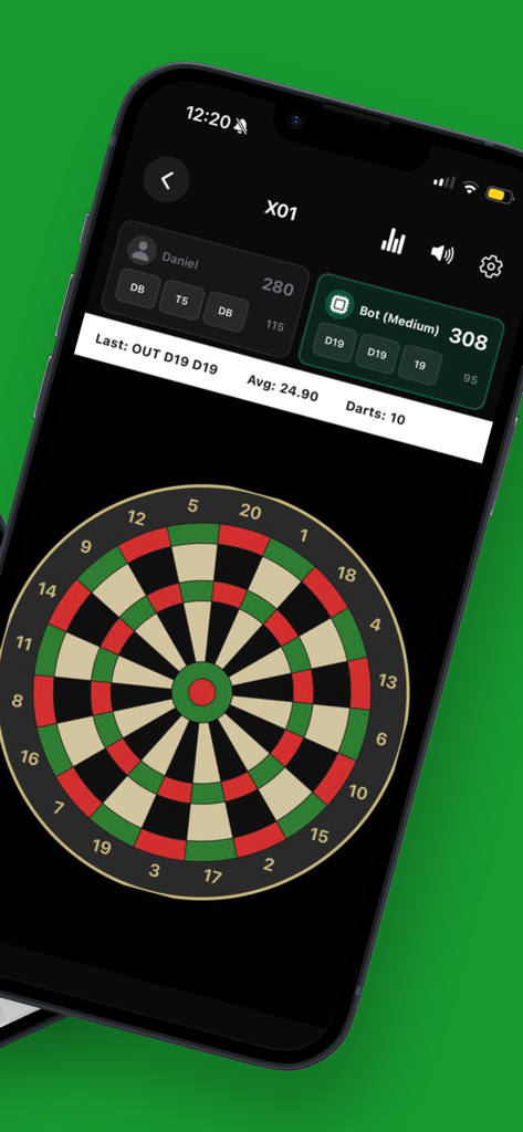 Darts Scoreboard: Darts Scorer - Oberfläche der Darts Scoreboard App, die ein Spiel gegen einen KI-Bot und ein digitales Dartboard zeigt