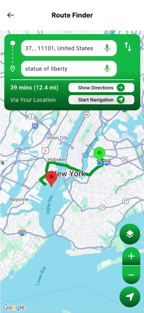 Interfaz de la aplicación GPS Route Finder que muestra la navegación de Nueva York a la Estatua de la Libertad