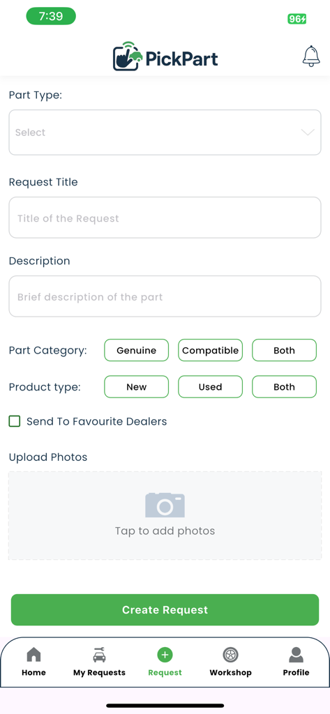 Interface of the PickPart app showing the form to create a new auto part request.